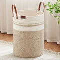 VIPOSCO 100L Tall Woven Rope Laundry Hamper, Leather Handles, Brown & White by VIPOSCO