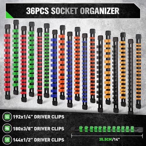 SWANLAKE 36-Piece Socket Organizer, 1/4-Inch x 192 Clips, 3/8-Inch x 180 Clips, 1/2-Inch x 144 Clip, Socket Holder Clip Rail, Drive Sockets Trays for Tool Box Drawer - Image 2
