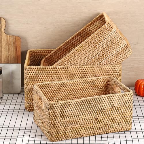 Hipiwe Woven Rattan Basket Natural Wicker Storage Basket Box with Handles - Image 7