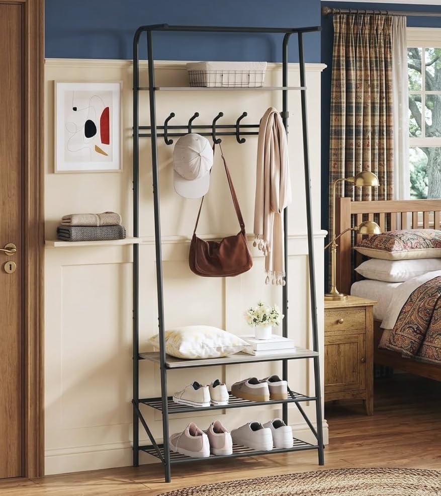 OUTLANE Entryway Hall Tree with 5 Hooks, Shoe Bench & Storage Shelf, Coat Rack Organizer with Wood Accents and Metal Frame for Entryway, Living Room, Bedroom, Gray-Single row by OUTLANE
