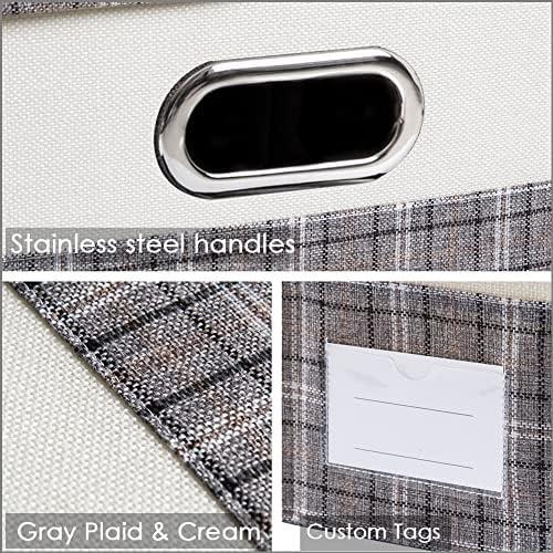 PRANDOM Large Collapsible Storage Bins with Lids [3-Pack] Fabric Foldable Storage Boxes Organizer Containers Baskets Cube with Cover for Home Bedroom Closet Office Gray plaid & Cream(17.7x11.8x11.8) - Image 5