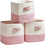 R RUNKA Storage Cube Baskets for Organizing 11 inch-3 Pack- Square Baskets for Cube Storage, Closet Storage Bins - Woven Cube Storage Bins for Shelves- Cube Drawer- Ideal for Toy Storage White & Pink by RRUNKA