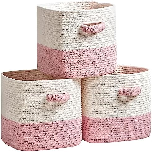 R RUNKA Storage Cube Baskets for Organizing 11 inch-3 Pack- Square Baskets for Cube Storage, Closet Storage Bins - Woven Cube Storage Bins for Shelves- Cube Drawer- Ideal for Toy Storage White & Pink by RRUNKA