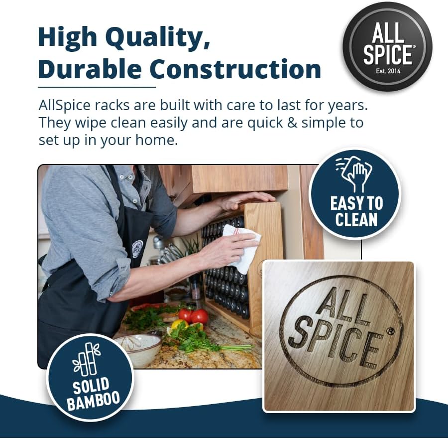 AllSpice Spice Rack Organizer, Wood, 525 Unique Labels, Countertop or Wall Mount, Includes 30 4oz Jars- Matte Black - Image 5