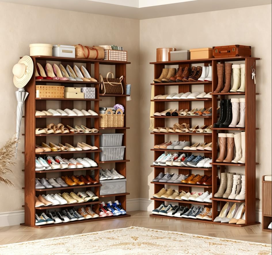 HOMEFORT 10 Tiers Shoe Rack, 50 Pairs Large Shoe Shelf, 61.8" Tall Shoe Tower, Freestanding Shoe Rack Organizer with Open Shelves, Wood Shoe Stand for Boot Storage, for Closet, Entryway, Walnut - Image 2