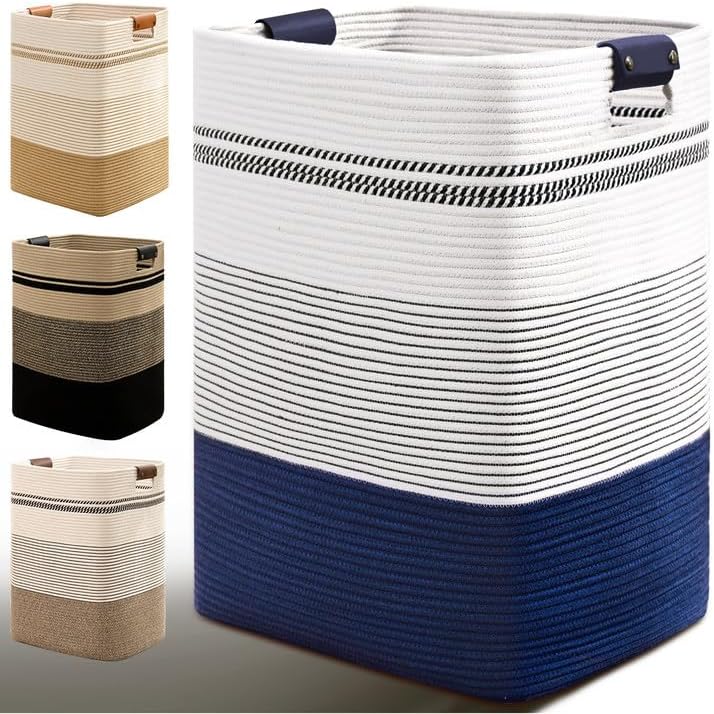 Laundry Hamper, 85L Tall Laundry Basket with Leather Handles, Rectangle Large Clothes Hamper for Organizing, Cotton Woven Laundry Baskets Storage Hampers for Bedroom, Nursery, Living Room by Degeyoyo