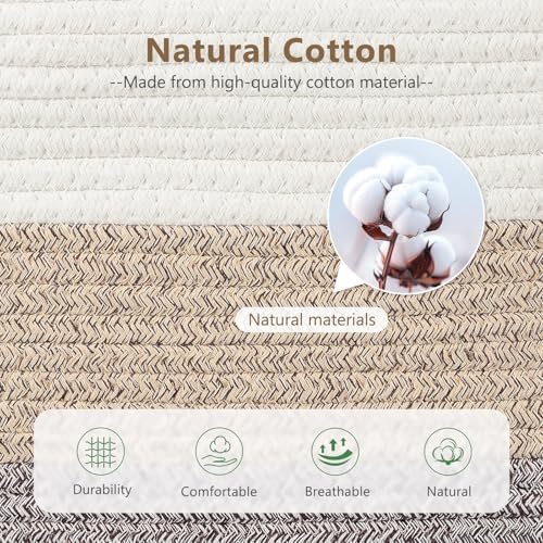 ECDYQXVU 15x10x9 Woven Cotton Rope Storage Basket, Leather Handles 3 Pack - Image 2