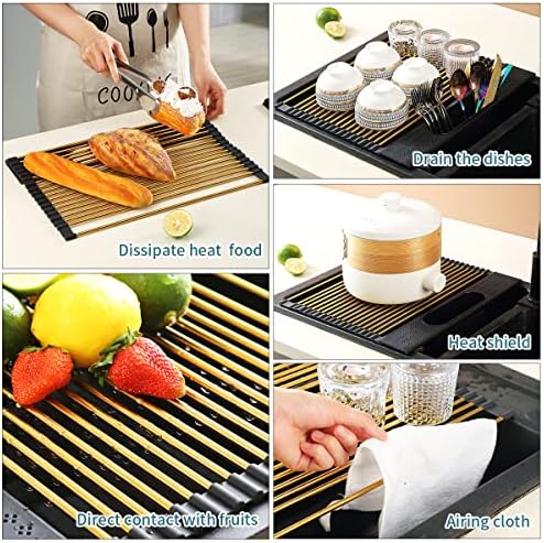 Berglander Gold Dish Drying Rack Over The Sink, L17.5*W 15" Rollable Tianium Golden Plating Stainless Steel Dish Rack with Removable Storage Basket, Perfect for Kitchen Sink - Image 4