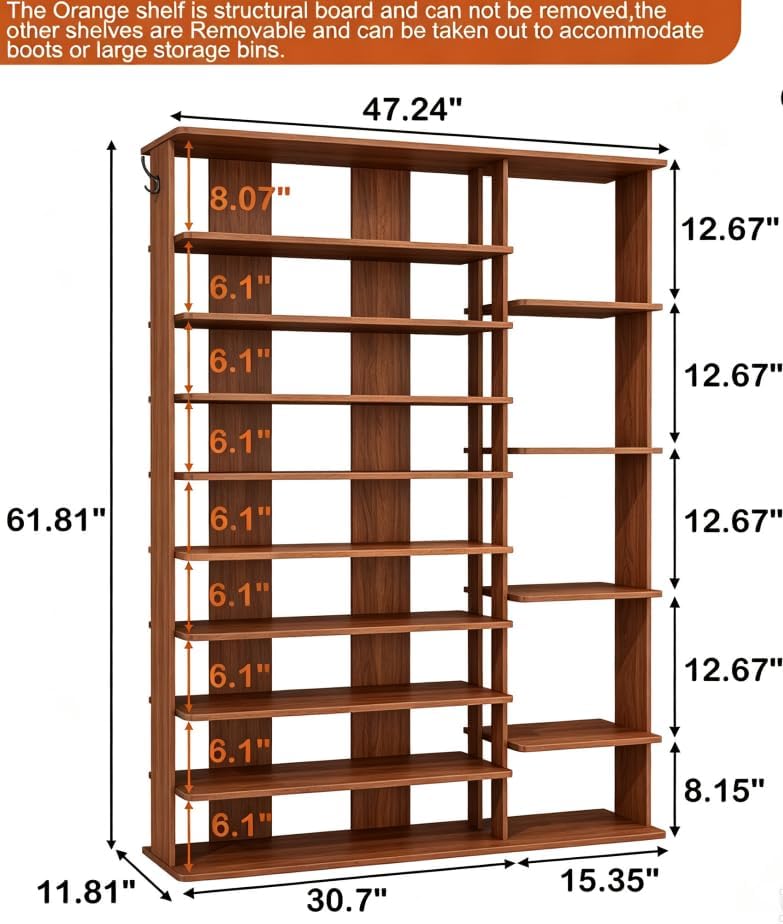 HOMEFORT 10 Tiers Shoe Rack, 50 Pairs Large Shoe Shelf, 61.8" Tall Shoe Tower, Freestanding Shoe Rack Organizer with Open Shelves, Wood Shoe Stand for Boot Storage, for Closet, Entryway, Walnut - Image 3