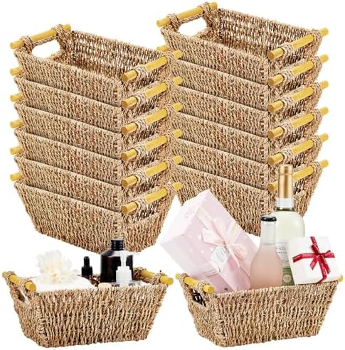 Marsui 12 Pcs Small Hand Woven Wicker Baskets with Wooden Handles, Seagrass Rattan Storage Baskets Bin Organizer Shelf Pantry for Bathroom Storage Towel Kitchen Washroom Gifts Decor, 9" x 6" x 4" by Marsui