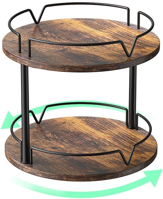 12" Wood Lazy Susan, 2 Tier-Rotating Spice Rack, Rustic Brown by KLM