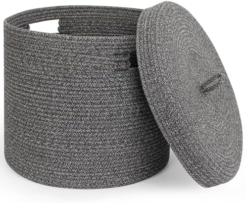 Storage Basket with Lid, Woven Blanket Storage for Living Room, Cute Cotton Rope Bin with Lid, Round Wicker Laundry Basket with Cover, Decorative Kid Dog Toy Box, Nursery Organizer, 15"x13" by Unknown