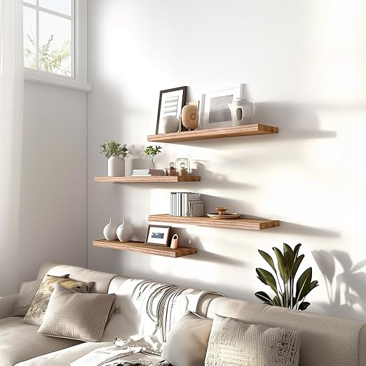 PHPH Wood Floating Shelves for Wall, Wooden Wall Shelves for Bedroom, Set of 6 Light Brown 17 Inch - Image 3