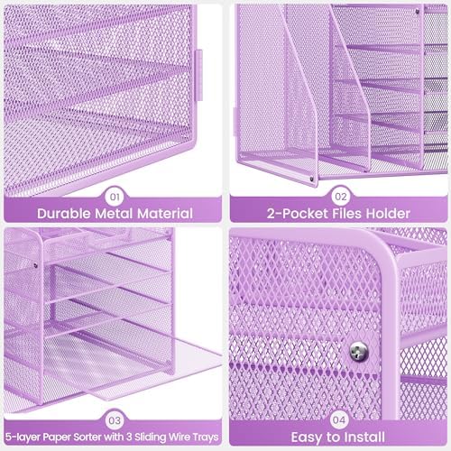 Lavatino 5-Tier Desk Organizer with 2 File Holders, Metal Adjustable Paper Letter Tray for Office or Home Desk Organizers and Accessories | 7 Flexible Dividers Keep Workspace Supplies Neat, Purple - Image 6