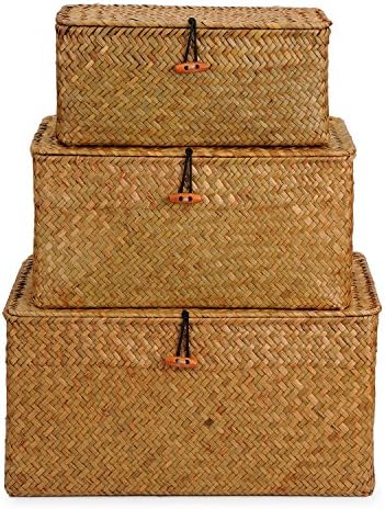 Woven Wicker Storage Bins with Lid, Seagrass Basket for Shelf Organizer, Extra Large, Set of 3 - Image 2