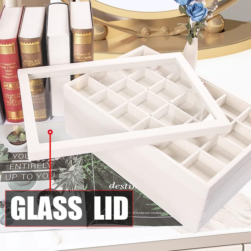 Coward Stackable Jewelry Trays Organizer Set with Clear Lid, Trays for Drawer, Earring Necklace Bracelet Ring Display Organizer (beige(ring+12girds+30girds+The glass lid)) - Image 3