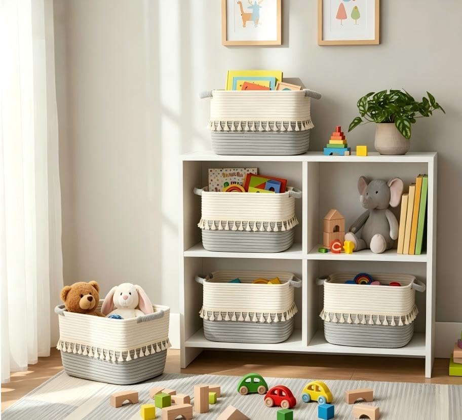 TeoKJ Storage Basket 3 Pack for Organizing, Cotton Rope Baskets for Toy, Clothes, Blankets, Decorative Basket for Living Room, Nursery, Bathroom, White & Gray - Image 2