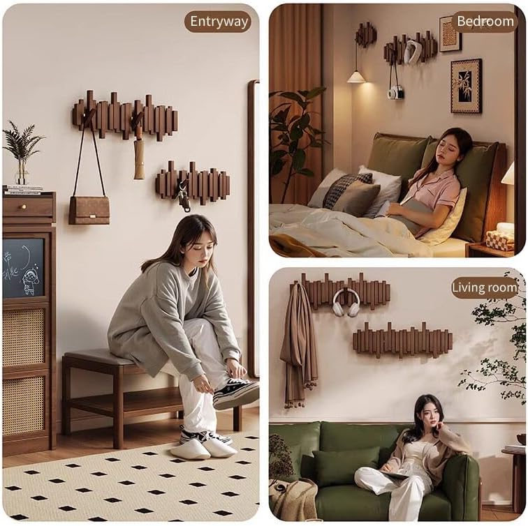 ELECANE Piano Key Coat Rack Wall Mount, Solid Wood Flip Down Magnetic Hooks Piano Coat Rack, Wall Mounted Coat Hanger 8‑Hooks for Entryway Hallway Bedroom Kitchen Home Storage - Image 4