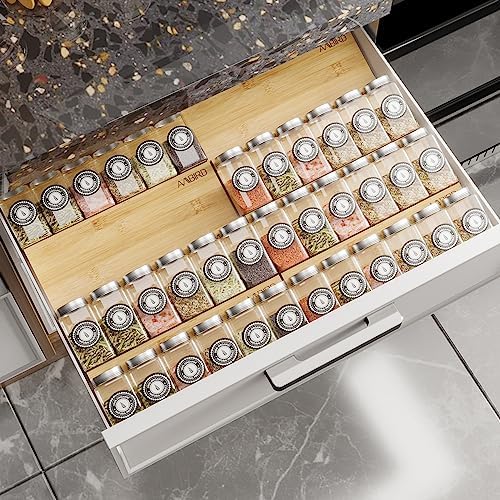 AMBIRD Bamboo Spice Drawer Organizer with Non-slip Mat,4 Tier - 2 Set Jar Spice Rack Tray From 12''to 24'',Hold up 48 Jars Seasoning Organizer for Kitchen,Cabinet,Drawers,Countertop by AMBIRD