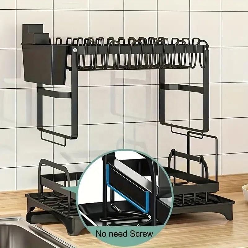 2 Tier Dish Drying Rack Stainless Steel with Auto Drainboard 360° Swivel Spout Large Capacity Kitchen Counter Organizer with Utensil Holder Cup Rack Knife Block Space Saving Black - Image 3