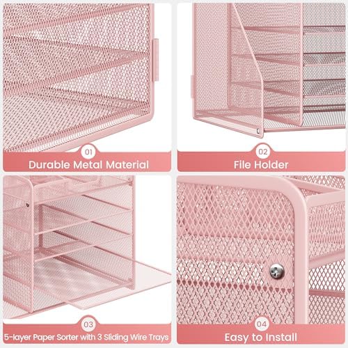Lavatino Desk Organizer, 5-Tier Metal Mesh Paper Letter Tray with File Holder & 7 Flexible Dividers for Office or Home Desk Organizers and Accessories, Keep Workspace Supplies Neat & Organized, Pink - Image 6