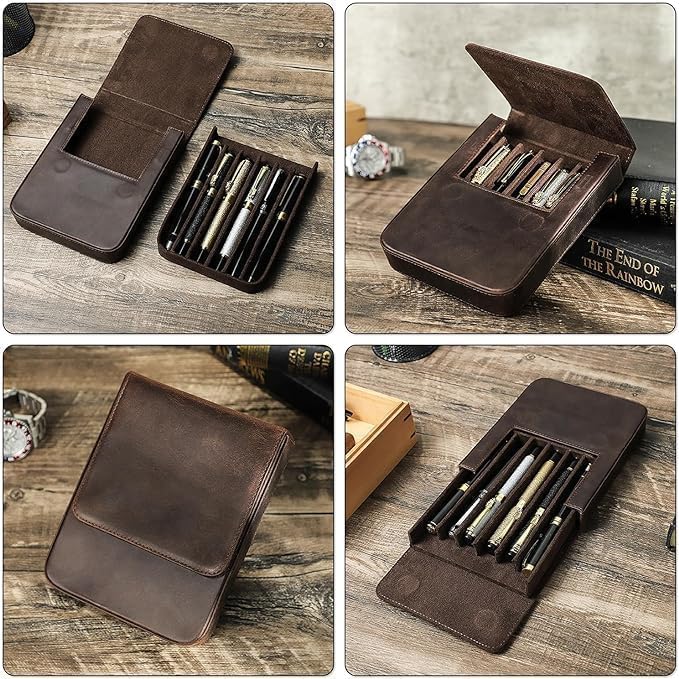 Leather Fountain Pen Case Collector Organizer,Pencil Case Handmade Pen Protective Sleeve (Magnetic 6 slots) - Image 2