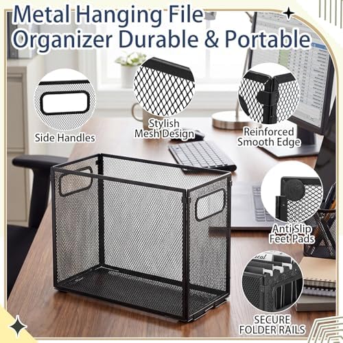 Zhengmy 2 Pcs Hanging File Organizer Letter Size File Holder Metal Mesh Filing Box Desktop Folder Letter Storage Cabinets Magazine Holder with Handles for Home Office School Document (Black) - Image 3