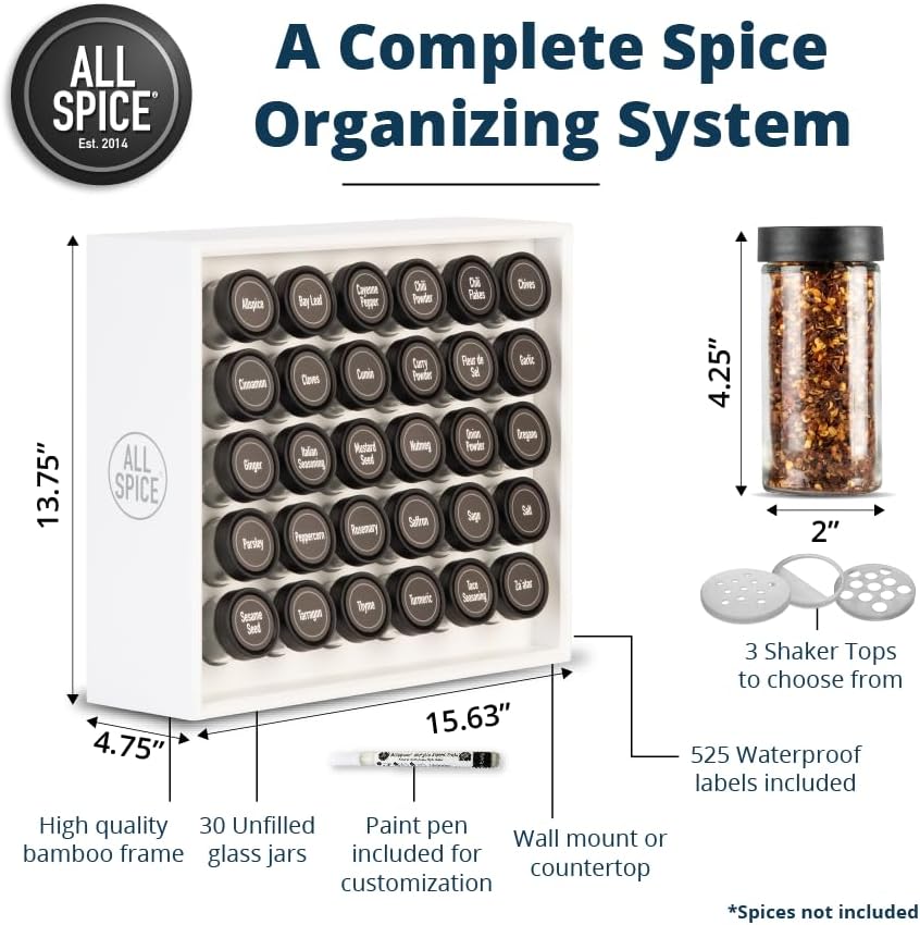 AllSpice Spice Rack Organizer, Wood, 525 Unique Labels, Countertop or Wall Mount, Includes 30 4oz Jars- Matte White - Image 3