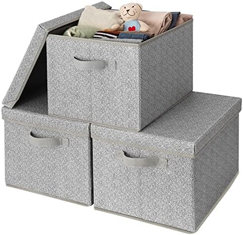 GRANNY SAYS Fabric Boxes with Lids, Storage Bins with Handles, Shelf Bins for Organizing, Extra Large Storage Boxes for Linens Clothes, Decorative Storage Containers, Gray, 3-Pack by GRANNYSAYS