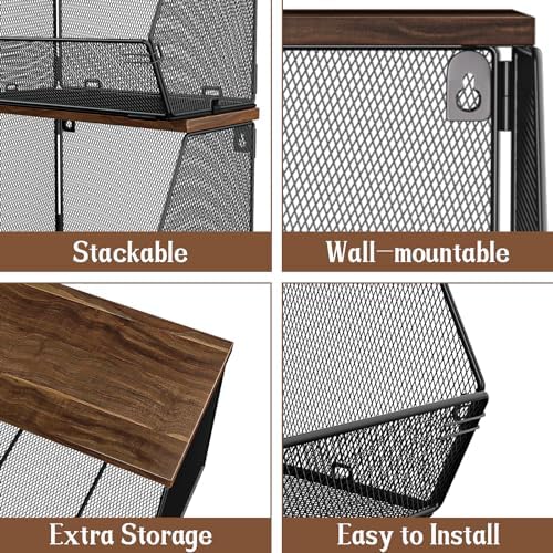 2 Tier Fruit Basket for Kitchen Counter, Stackable Onion and Potato Storage Basket, Wall Mounted Wire Basket with Wood Lid, Hanging Kitchen Storage Vegetable Organizer, 11.8 x 7.1 x 8.6 Inch - Image 4