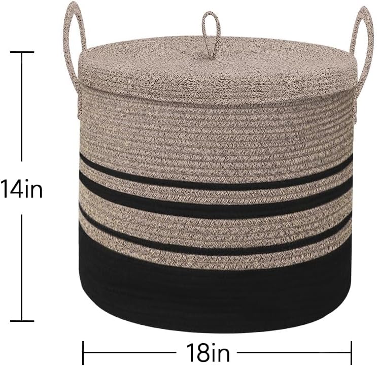Extra Large Woven Basket with Lid, 18" X 14" Wicker Blanket Storage Basket Living Room, Tall Rope Storage Baskets for Toys, Decorative Kids Toy Bin Box with Cover, Baby Laundry Basket Hamper - Image 2