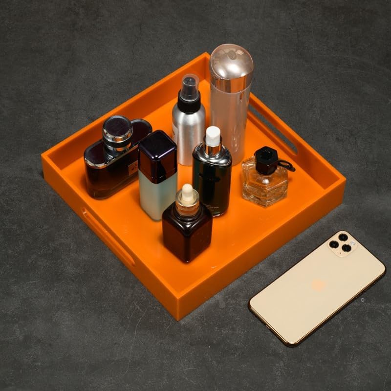 KEVLANG Orange Sturdy Acrylic Serving Tray with Handles-12x12Inch-Serving Coffee,Food,Breakfast,Butler-Kitchen Countertop Tray-Makeup Drawer Organizer-Vanity Table,Ottoman Tray-Decorative Tray - Image 5