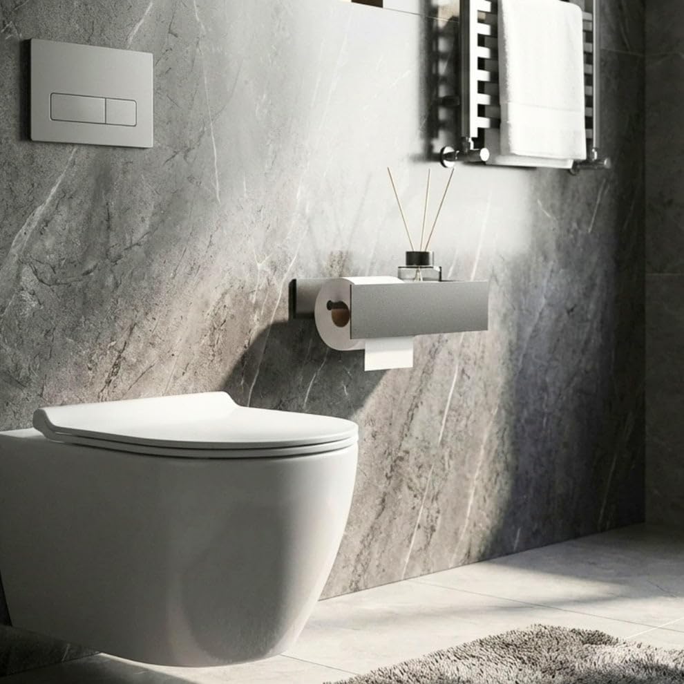 GRANDMIX Wall Mounted Toilet Paper Holder with Shelf – Modern Matte Black Metal Bathroom Tissue Roll Holder with Storage Tray for Phone, Air Freshener & Accessories - Image 3