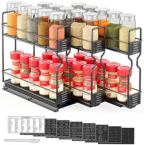 SpaceAid Pull Out Spice Rack Organizer for Cabinet, Heavy Duty Slide Out Seasoning Kitchen Organizer, Cabinet Organizer, with Labels, 7.7" W x10.75 D x10 H, 3 Drawers 2-Tier by SpaceAid