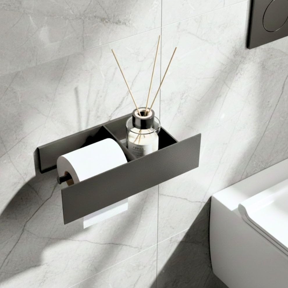 GRANDMIX Wall Mounted Toilet Paper Holder with Shelf – Modern Matte Black Metal Bathroom Tissue Roll Holder with Storage Tray for Phone, Air Freshener & Accessories by GRANDMIX