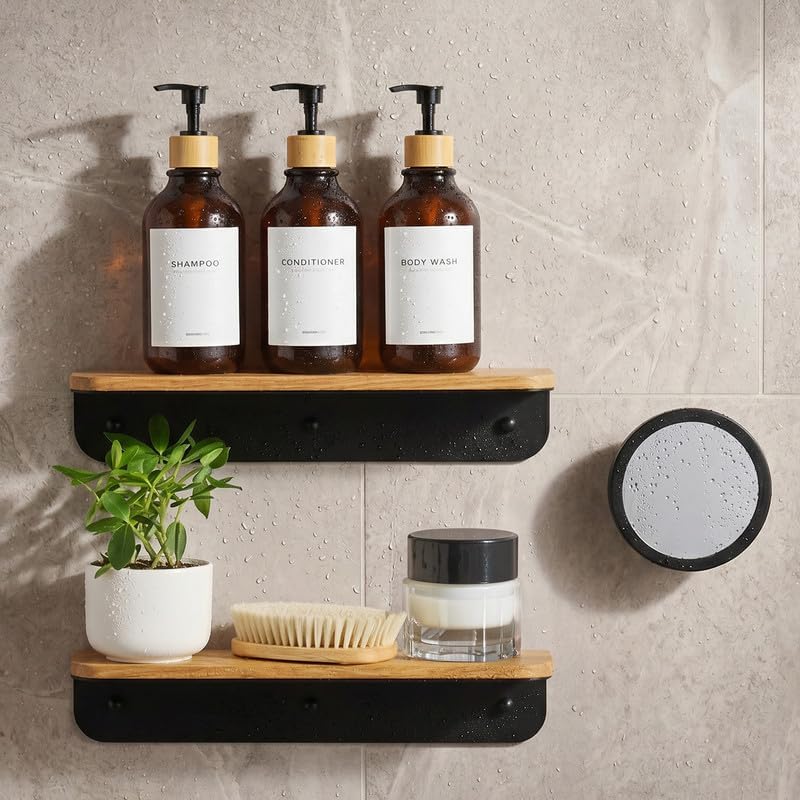 MaisoNovo Wood Shower Caddy with Mirror - Slim Shelf for Bathroom Set of 2 by MaisoNovo-TheArtofSustainableLiving