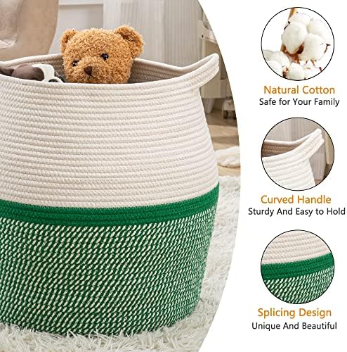 KAKAMAY Woven Baskets for Storage(17"x17"),Large Cotton Rope Woven Baby Laundry Hamper,Collapsible Laundry Basket, Blanket Basket for Organizing Living Room,Nursery,Pillows,Toy Chest(Green) - Image 2