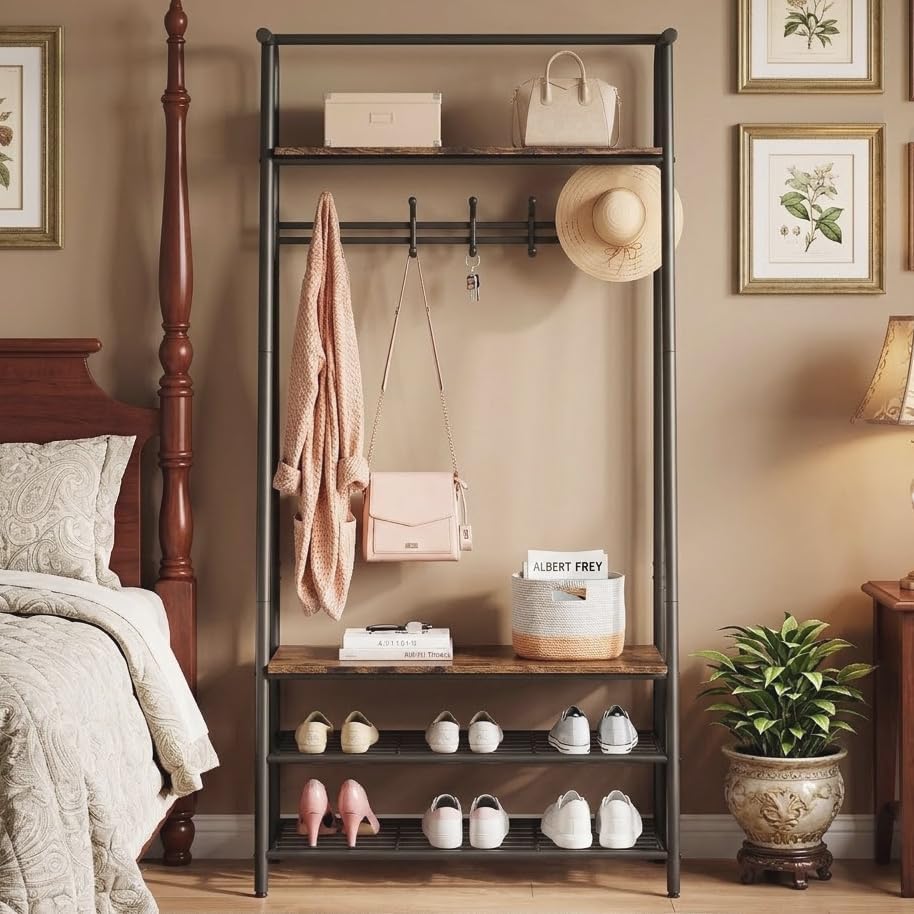 OUTLANE Entryway Hall Tree with 5 Hooks, Shoe Bench & Storage Shelf, Coat Rack Organizer with Wood Accents and Metal Frame for Entryway, Living Room, Bedroom, Rustic Brown-Single row by OUTLANE