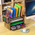 DAOUTIME 4-Tier Mesh Desk Organizer, Wooden Desk File Organizer with 5 Vertical File Holders and 2 Pen Holders, Desktop Organizers and Accessories with Drawer for Home Office - Image 3