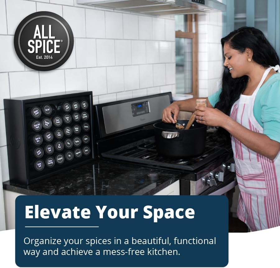 AllSpice Spice Rack Organizer, Wood, 525 Unique Labels, Countertop or Wall Mount, Includes 30 4oz Jars- Matte Black - Image 2