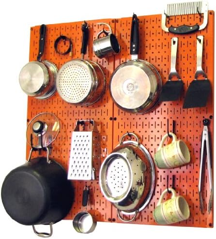 Wall Control Kitchen Pegboard Organizer Pots and Pans Storage Rack Organization Kit with Orange Pegboard and Black Accessories by Wall+Control