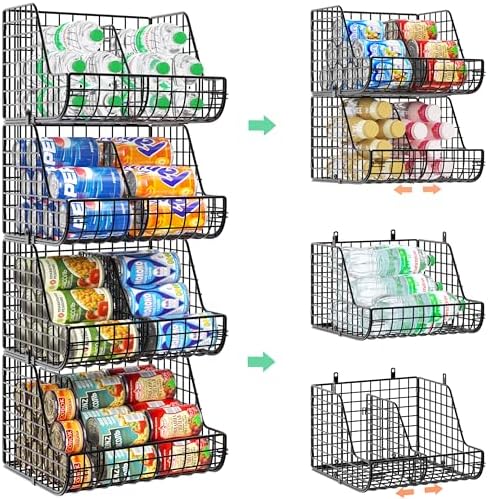 Stackable Soda Can Organizer Stores Up to 72 Cans, 4-Pack Can Storage Organizer for Pantry Shelves, 4-Tier Kitchen Can Holders with 4 Adjustable Dividers, Wire Drink Organizer for Pantry Cabinet Shelf by Lyuwanxian