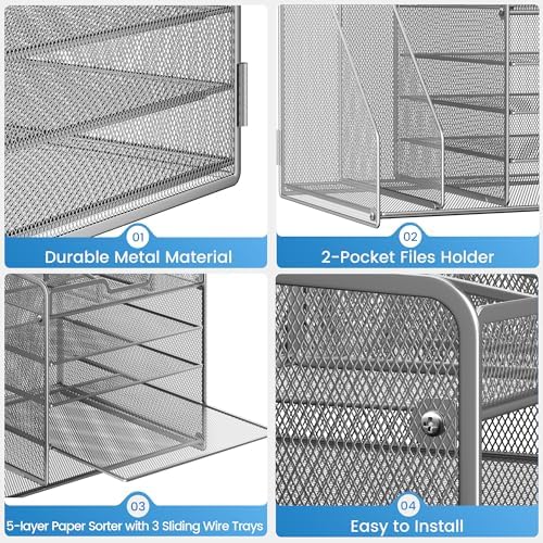 Lavatino 5-Tier Metal Mesh Desk Organizer with 2 File Holders & 7 Customizable Compartments | Paper Letter Tray for Office or Home Desk Storage | Keep Workspace Supplies Neat & Organized, Silver - Image 6