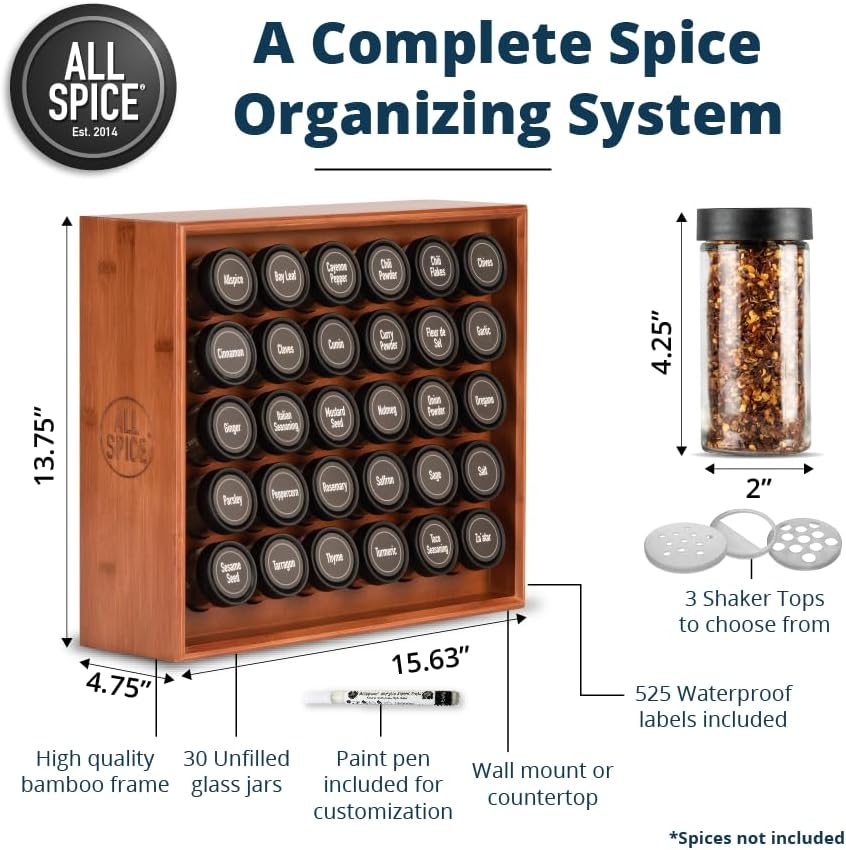AllSpice Spice Rack Organizer, Wood, 525 Unique Labels, Countertop or Wall Mount, Includes 30 4oz Jars- Cherry Stain - Image 3