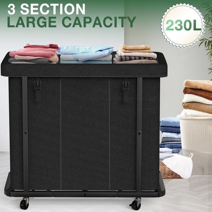Laundry Basket with Lid,230L Rolling Laundry Hamper with Wheels,Black - Image 2