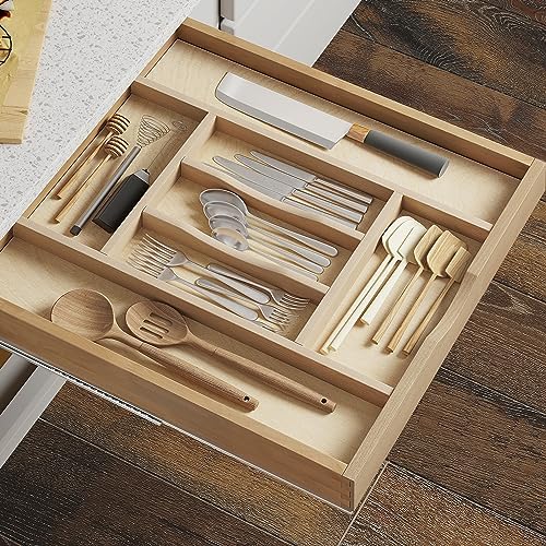 WelFurGeer Premium Wooden Silverware Organizer for Kitchen Drawers, Utensil Tray for Kitchen Drawer, Cutlery Drawer Organizer for Forks, Spoons, Knives - Sturdy Birchwood, Natural Finish - Image 2