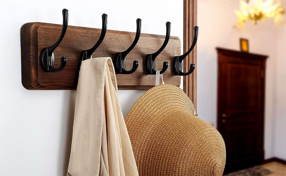Dseap Wall Mounted Coat Rack: Patented, Heavy-Duty, 17.4" Long 5-Double-Hooks Wooden Hanger Rail for Winter Coats, Hat, Jacket, Clothing - Natural & Black, Pack of 2 - Image 5