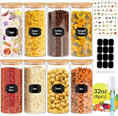 BGraceyy 32 oz 8 Pcs Glass Jars with Bamboo Lids, Stackable Clear Food Storage Jars, Airtight Kichen Glass Pantry Storage Containers with Lids for Rice, Candy, Sugar, Flour, Nuts, Cookie, Coffee Bean by BGraceyyMoments