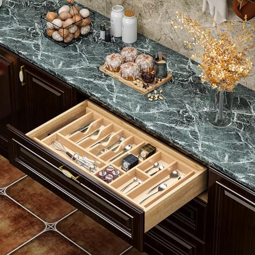 Clikuutory Natural Birch Wood Utensil Drawer Insert Organizer with 15 Compartments, Space-Saving Sturdy Drop-In Cutlery Divider Tray, Kitchen Cabinet Storage for Silverware, Spoons, Forks and Knives - Image 6