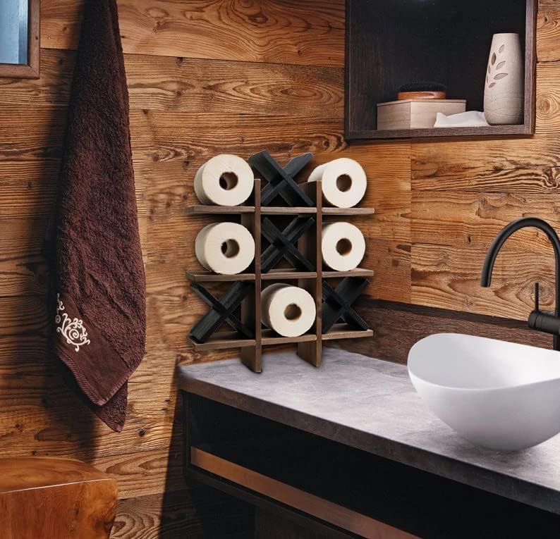 GENMOUS Handmade Tic Tac Toe Toilet Paper Holder Stand with 4pcs Wooden X, Funny Wall Mounted Toilet Papers Storage with Shelf, Farmhouse Paper Roll Storage for Guest Bathroom or Toilet Décor - Image 2